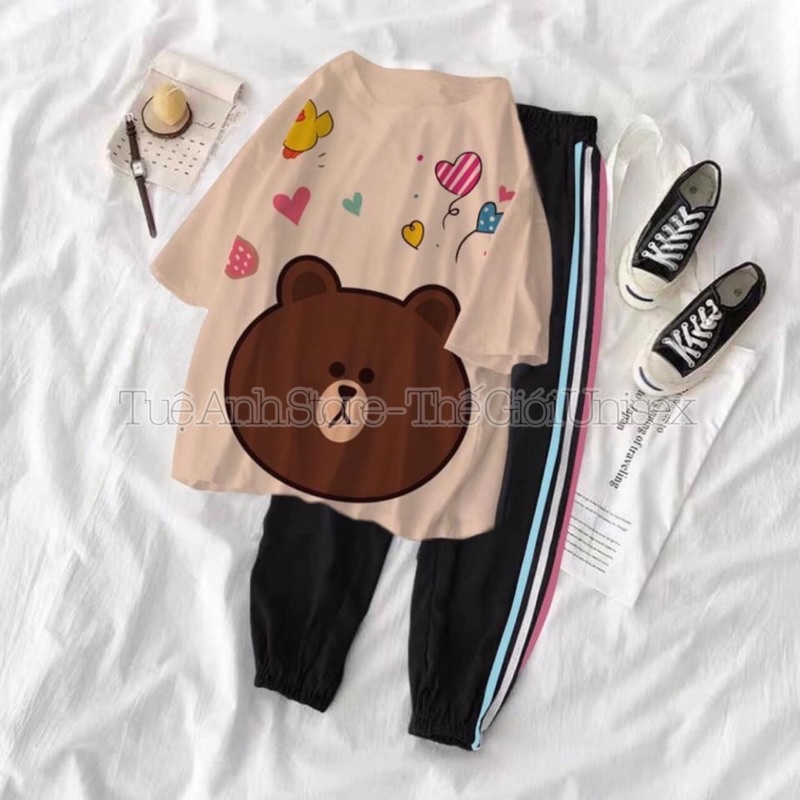 Set Nữ Bộ Dài Quần Joger Thể Thao 2 Sọc Ulzzang - Áo thun 3D hoạt hình phối quần dài da cá Freesize 38-65kg TUEANHSTORE