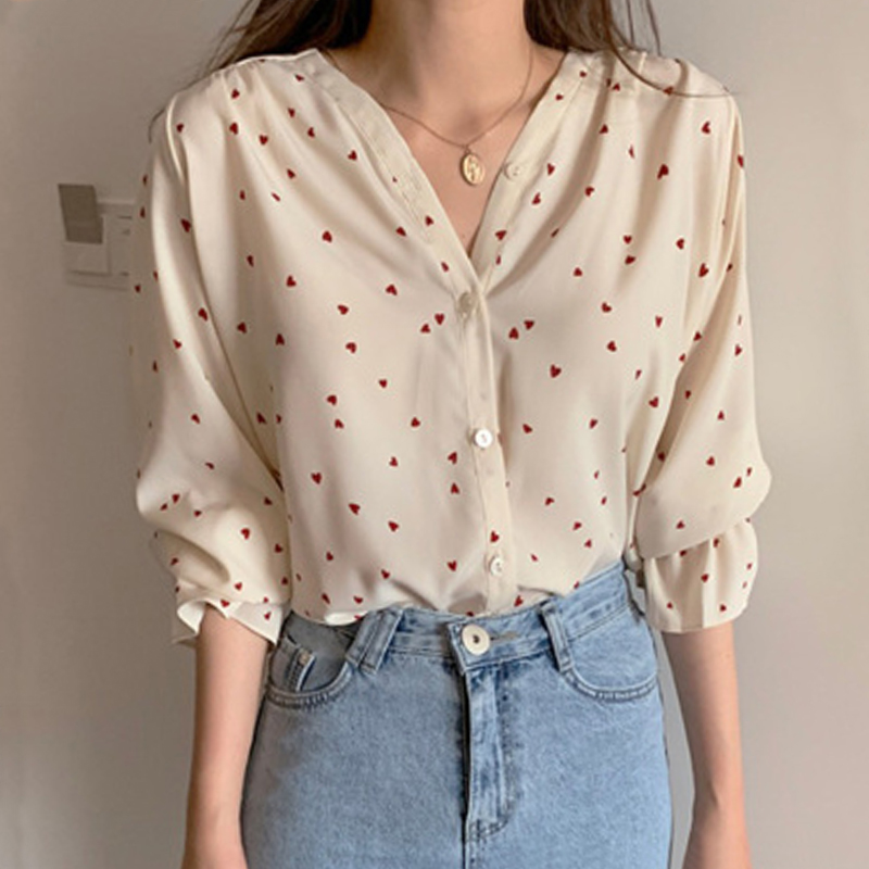 Áo sơ mi có tay dài dáng rộng cổ chữ v in họa tiết độc đáo phong cách retro hàn quốc