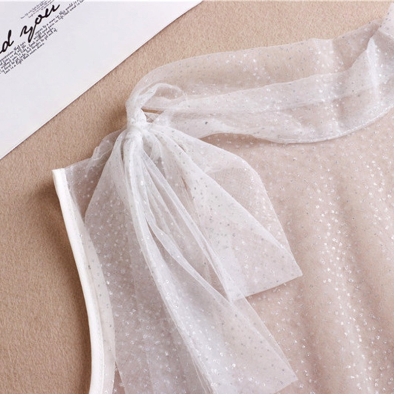 Cổ Áo Sơ Mi Lưới Đính Kim Sa Và Nơ Họa Tiết Chấm Bi Có Thể Tháo Rời Thời Trang Cho Nữ