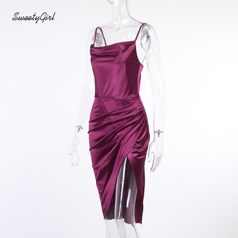 Đầm midi không tay màu trơn thiết kế lệch vai có thể điều chỉnh thời trang cho nữ