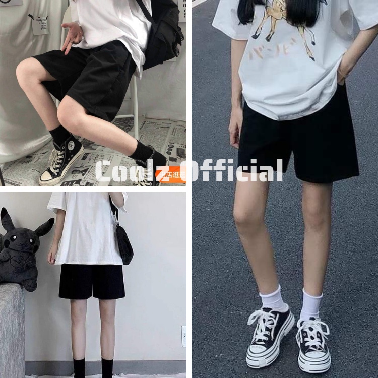Quần Short Đùi cộc Unisex nam nữ ống rộng cạp chun 2 màu đen, trắng chất liệu thun cotton