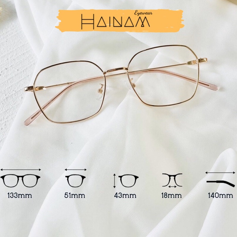 Gọng kính cận nam nữ Hainam Eyewear 2808 chất liệu kim loại mắt đa giác thanh mảnh