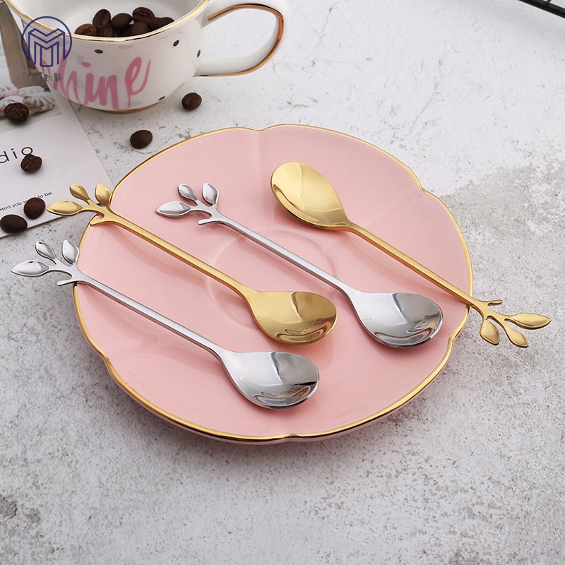 ☆SJMW☆ 1 Pcs Stainless Steel Leaves Spoon Fork Coffee Tea Spoons Ice Cream Dessert Cake