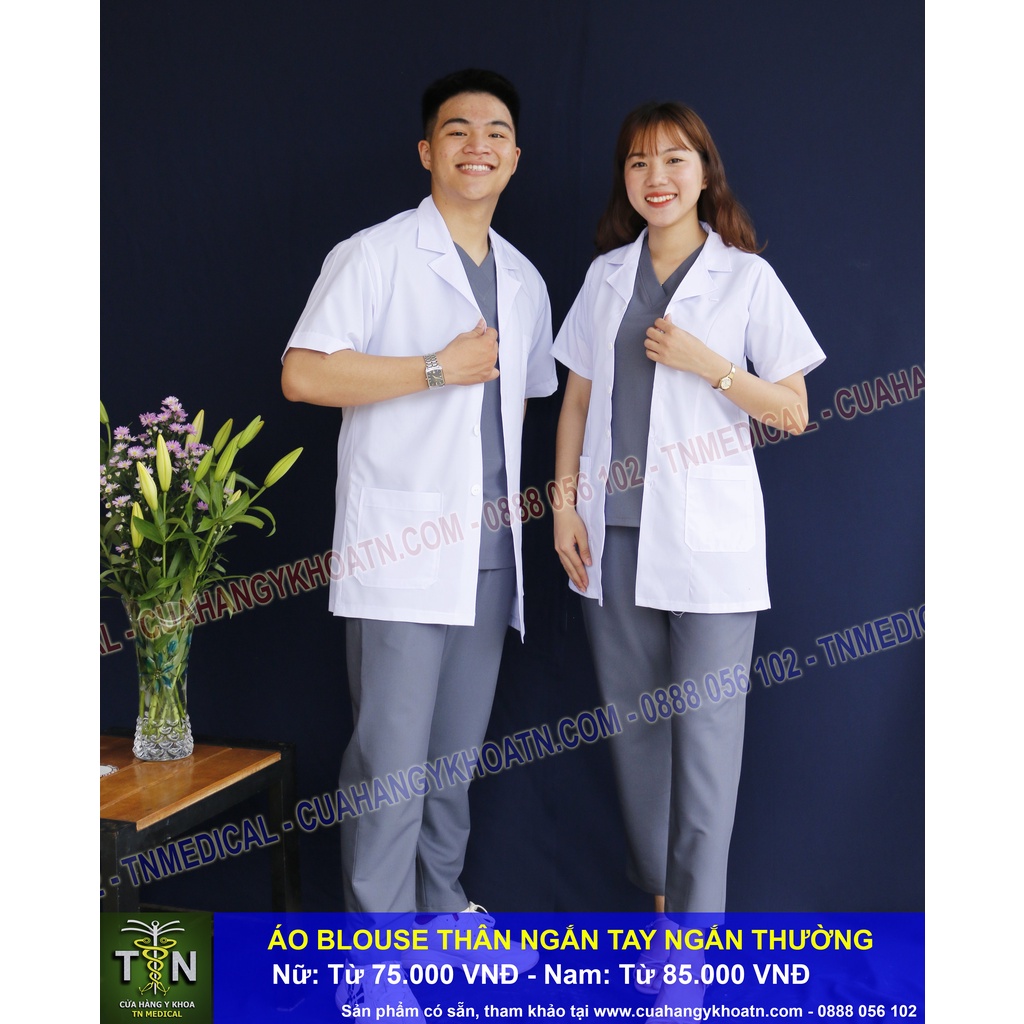 ☘ Áo Blouse (Blue) Tay Ngắn, Thân Ngắn Dược Sĩ, Điều Dưỡng, Y Tá - Thương hiệu TN Medical