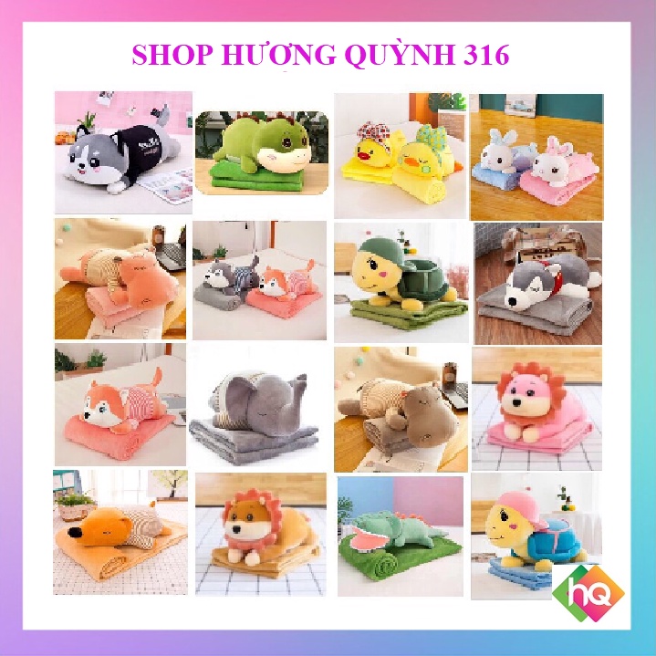 (HQ)Bộ chăn gối văn phòng gấu bông khủng long, hà mã, heo xinh 60cm Hương Quỳnh