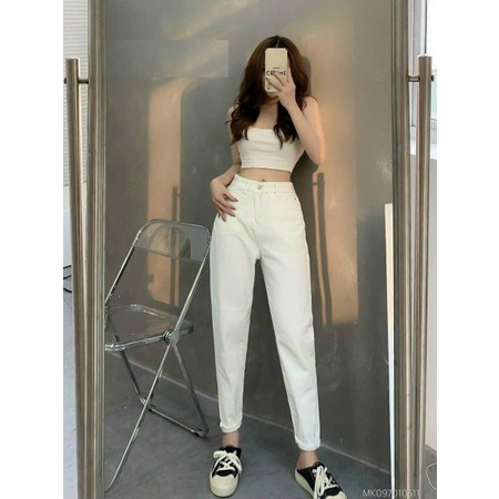 Quần baggy bò suông trơn ống bó cạp cao basic - Jean trơn khuy cài vintage, thiết kế học sinh,, phong cách đường phố