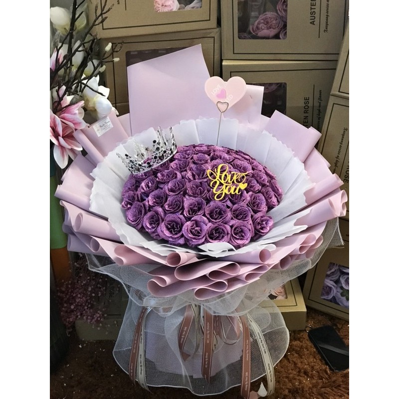 [Hoa sinh nhật - Nowship] Bó hoa nhũ 60 bông siêu to khổng lồ. Gói giấy Hàn xịn, ko nhăn gãy. Tặng thiệp. Mẫu độc quyền