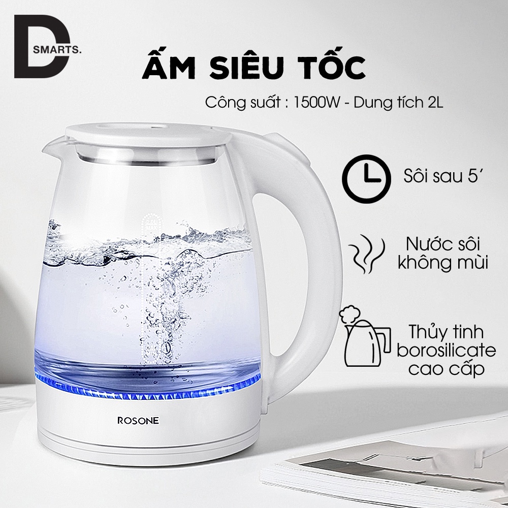 Ấm siêu tốc thủy tinh cao cấp 1.8L Rosone 1500w bình siêu tốc trong suốt, cường lực, đèn led, tự ngắt khi sôi