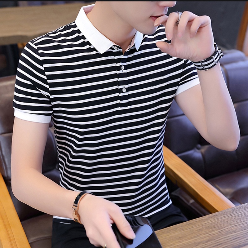 Áo polo cotton tay ngắn dáng rộng họa tiết kẻ sọc thời trang mùa hè mới cho nam
