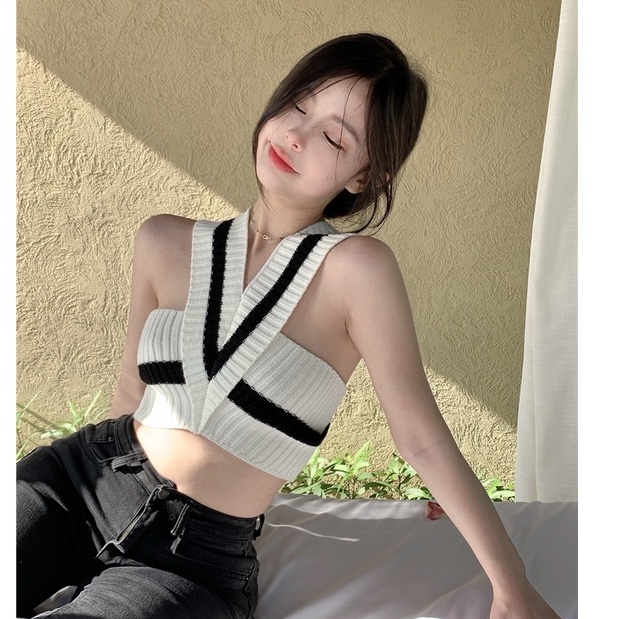 QKOOLE Áo Croptop Dệt Kim Hai Dây Phong Cách Hàn Quốc Quyến Rũ Cho Nữ