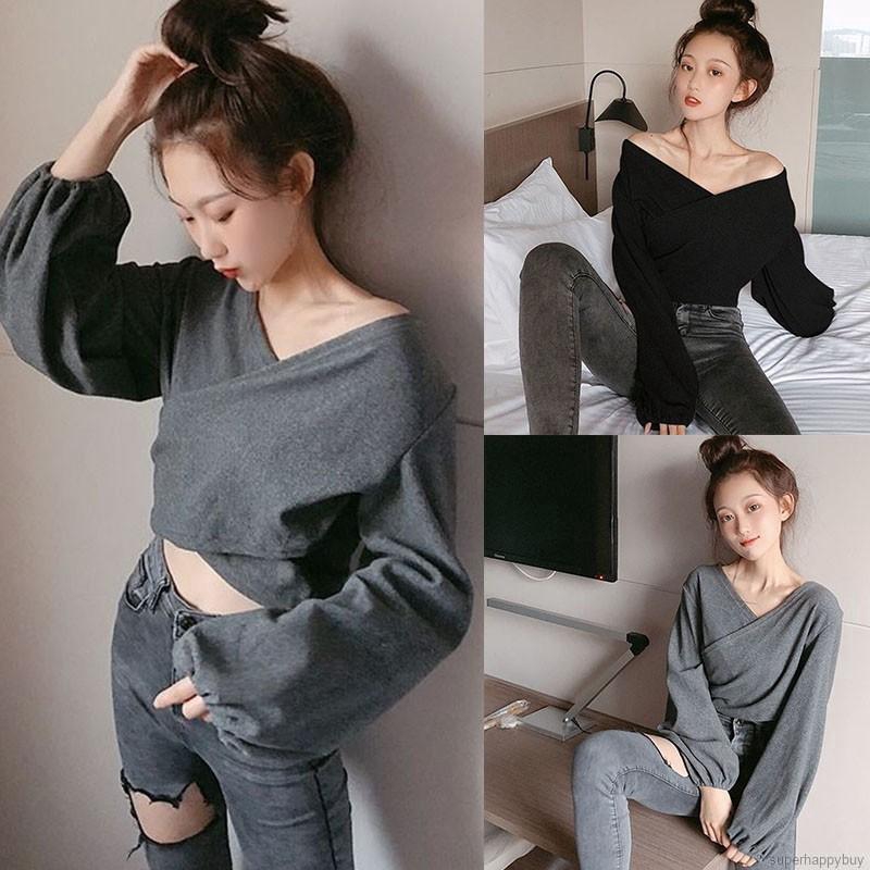 Áo kiểu tay dài thiết kế cổ chữ V quyến rũ