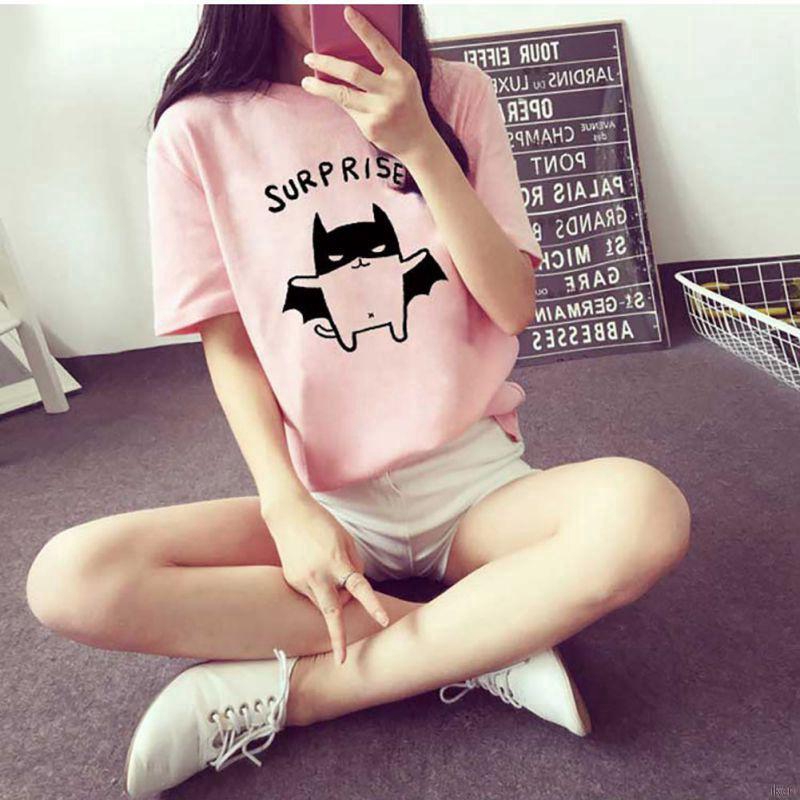 Áo thun ngắn tay cổ tròn trơn màu in họa tiết kiểu hoạt hình dành cho nữ