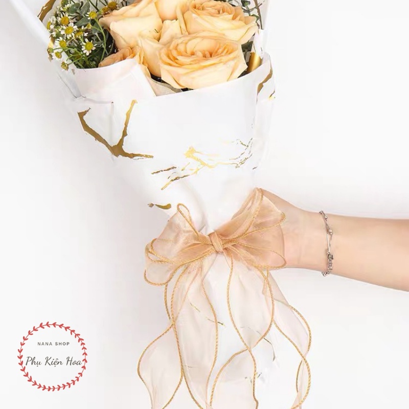 [Cuộn 9.1m] Dây Ruy Băng Voan Sóng ❤️VIỀN VÀNG KIM TUYẾN❤️ Bản 3cm, Trang Trí Quà Tặng - Bó Hoa - Làm Nơ