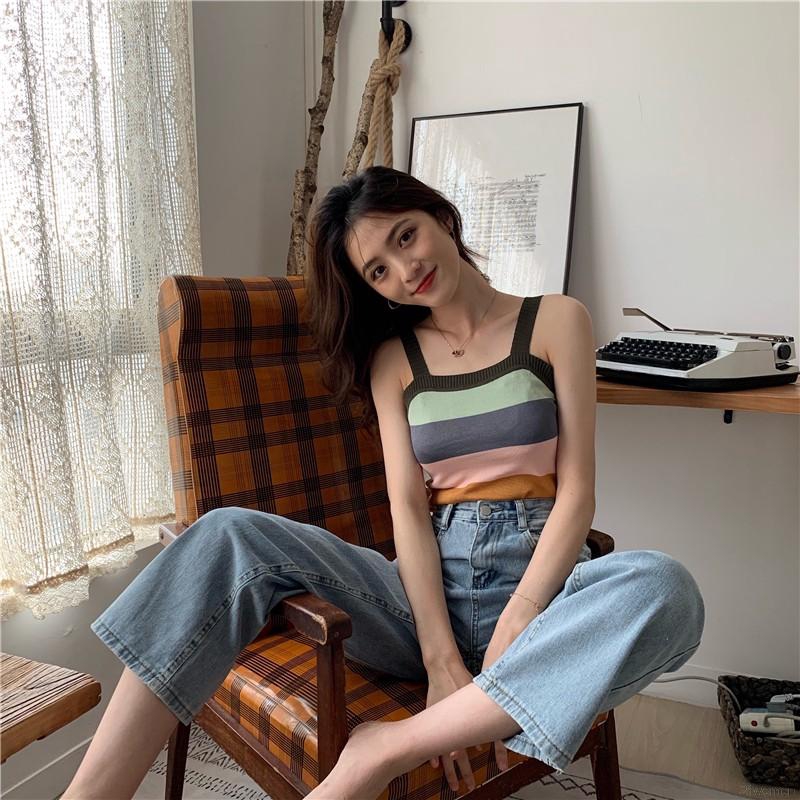 [Mã FASHIONT4WA2 giảm 10K đơn 50K] Áo sát nách dệt kim hoạ tiết kẻ sọc cho phái nữ | BigBuy360 - bigbuy360.vn