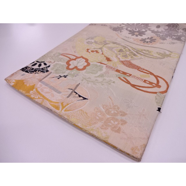 Antique Maru obi/ Hình xe đẩy, hoa lá và quạt - Trang phục truyền thống Nhật Bản