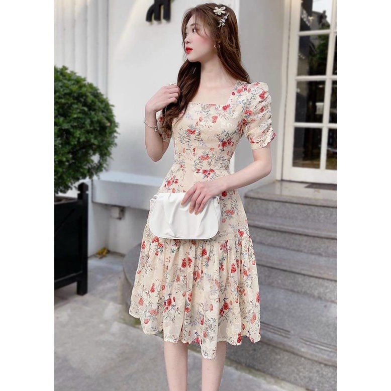 Váy xòe lụa hoa nút bọc cổ vuông đầm dự tiệc