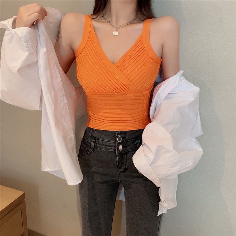 Áo dệt kim không tay cổ chữ V hở lưng họa tiết kẻ sọc