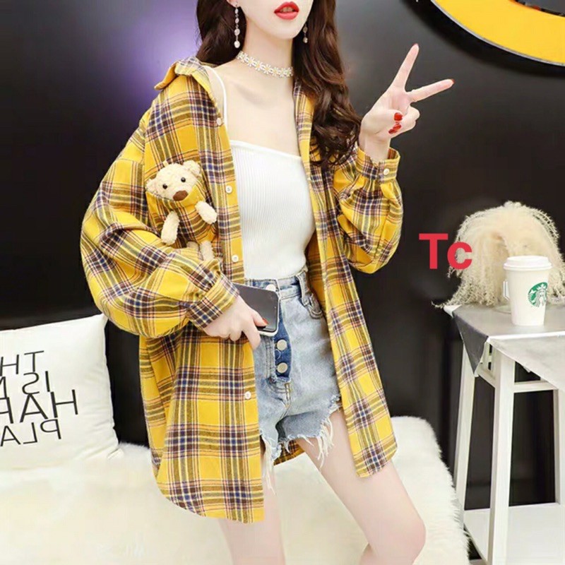áo sơ mi kẻ dáng rộng chùm mông túi gấu bông Tc63
