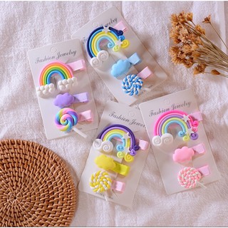[Chọn mẫu] Set 3 kẹp tóc cầu vồng kẹo mút xinh xắn dễ thương phong cách Hàn Quốc cho bé yêu