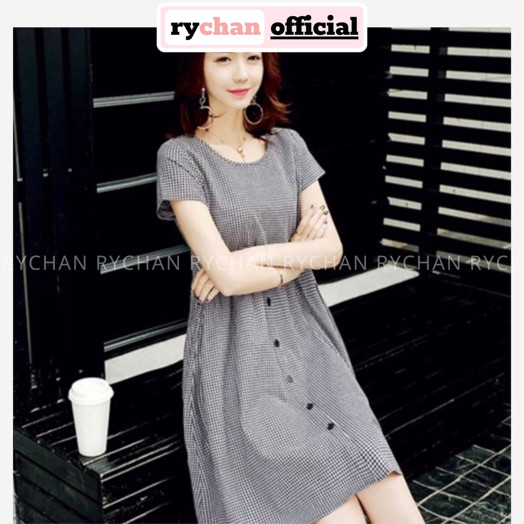 Đầm Nữ Babydoll Đi Chơi Họa Tiết Caro Phối Tay Ngắn Nút Đen, Đầm Nữ Đi Chơi Ưa Chuộng Đỏ Đen [ẢNH THẬT CUỐI] - DX9851