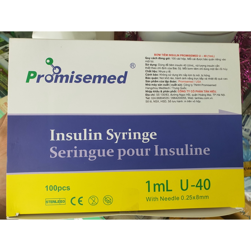 Bơm kim tiêm tiểu đường insulin Promisemed,Kim tiêm thẩm mỹ Spa 1mL 40iu ( hộp 100 chiếc )