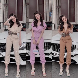 S628 set áo croptop tay cánh rơi chun eo , phối quần baggy cạp cao bo chun , chất đũi xước qc cao cấp