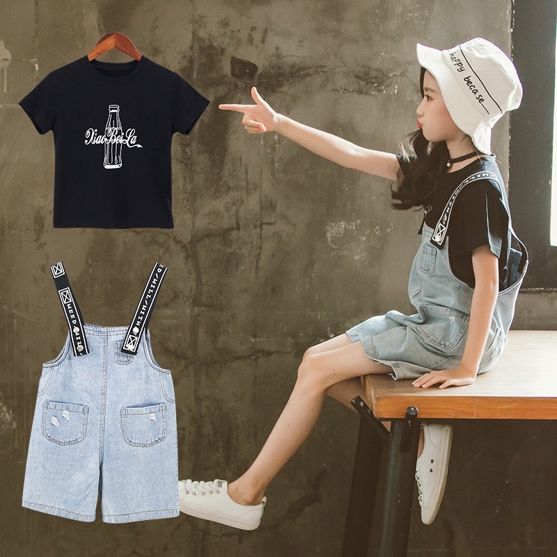 Bộ cộc tay bé gái size đại, set yếm jean, bộ quần thô, set đồ trẻ em, bò giấy bé lớn