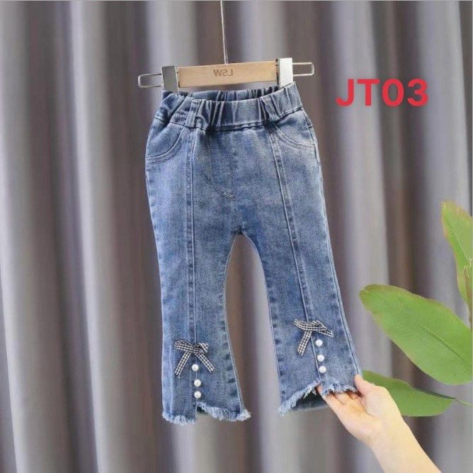 Quần  jean Tết  bé gái ống loe phối cúc , nơ,ngọc trai sang chảnh cho bé iu 10-35kg JT