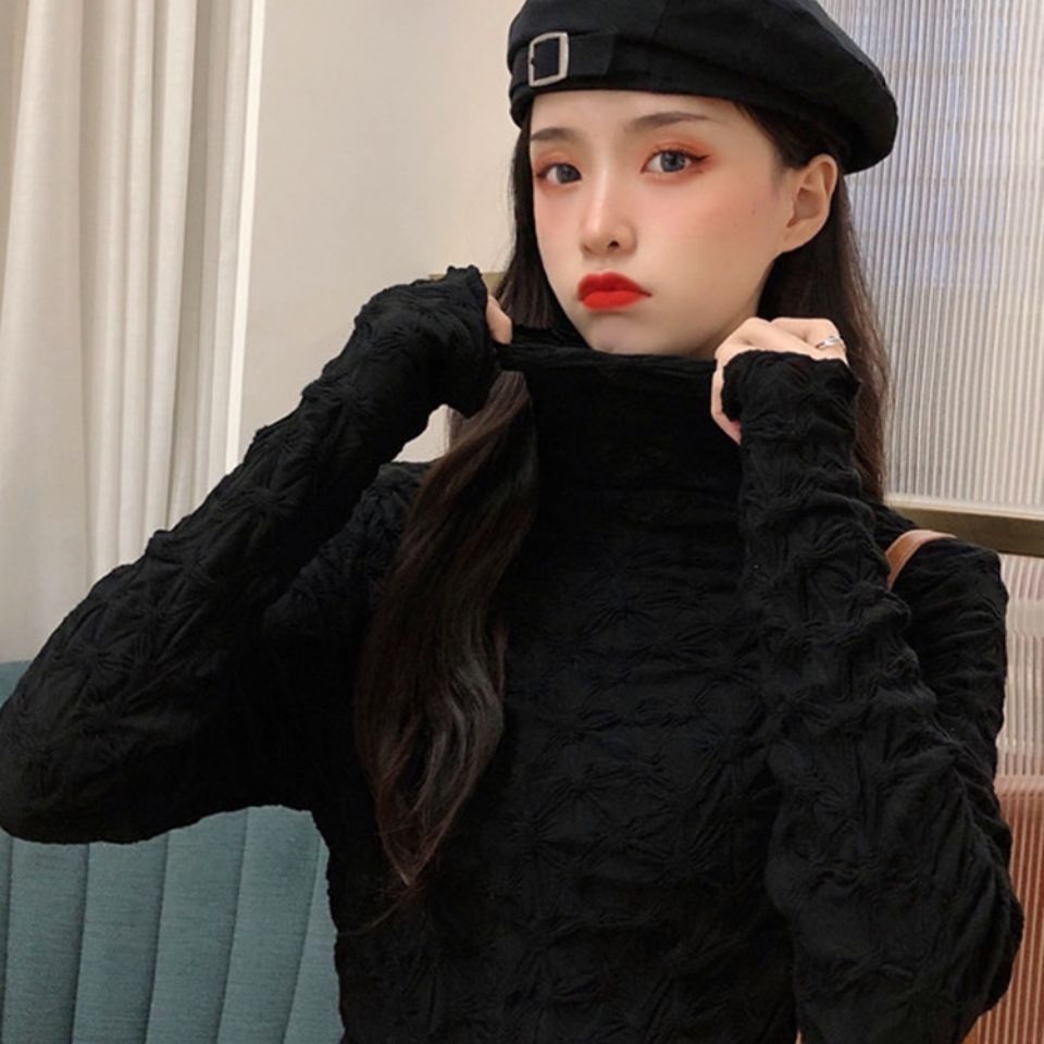 Áo Thun Tay Dài Cổ Cao Xếp Ly Dáng Ôm Thời Trang Hàn Quốc Cho Nữ