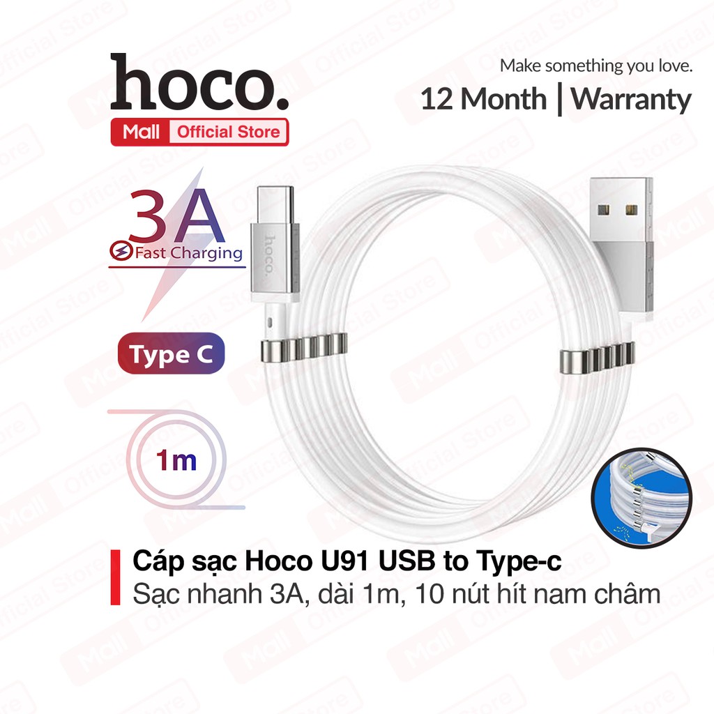 Cáp sạc Hoco U91 USB to Type-c sạc nhanh 3A Max, 10 nút hít nam châm gấp gọn, dài 1m