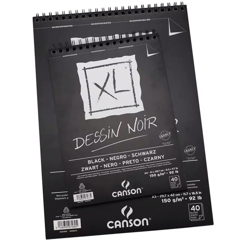 Giấy vẽ màu phấn, màu metallic Canson XL Dessin Noir đen A3, A4 ,150g, 40 tờ