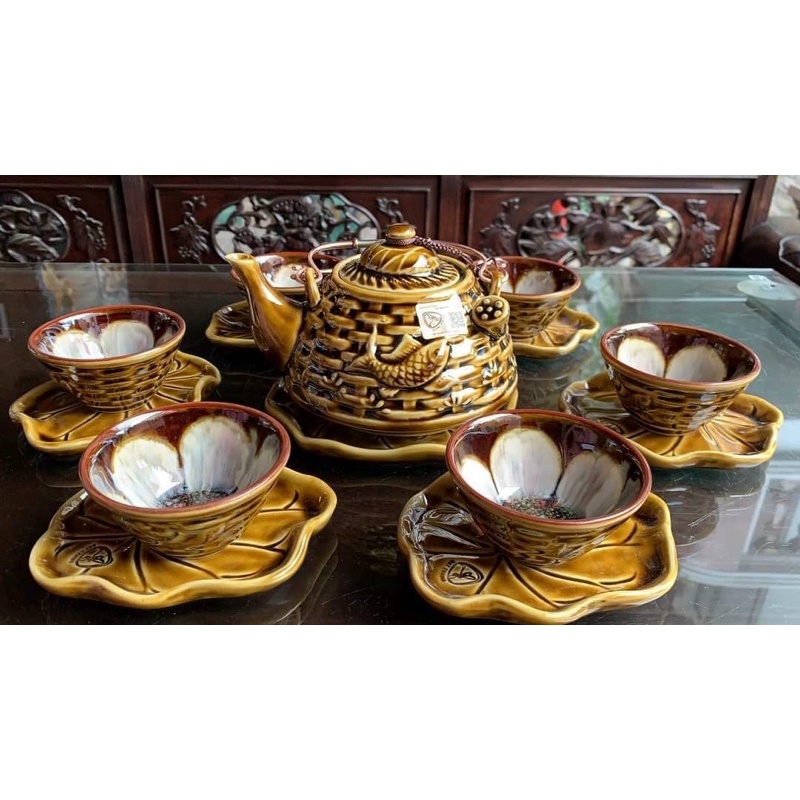 [NGHỆ NHÂN TÔ THANH SƠN]Bộ ấm chén sen cá nghệ nhân Tô Thanh Sơn Bát Tràng- Bộ trà Bát Tràng