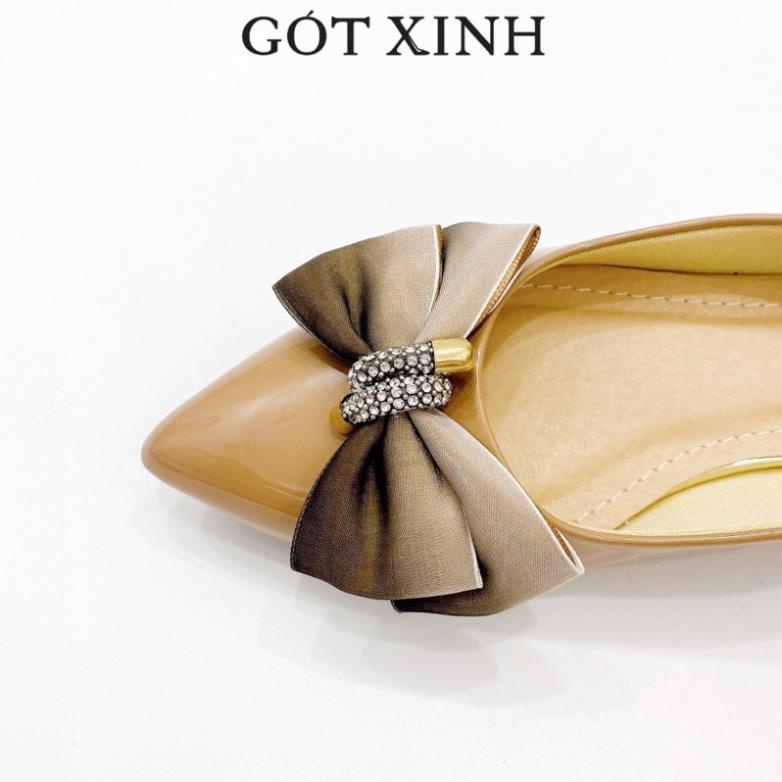 . Giày cao gót bít mũi nữ GÓT XINH G18 da bóng phối nơ cao 3cm ;'