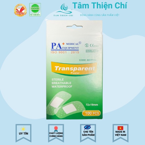 Băng cá nhân trong suốt băng dính y tế cao cấp PA hộp 100 miếng