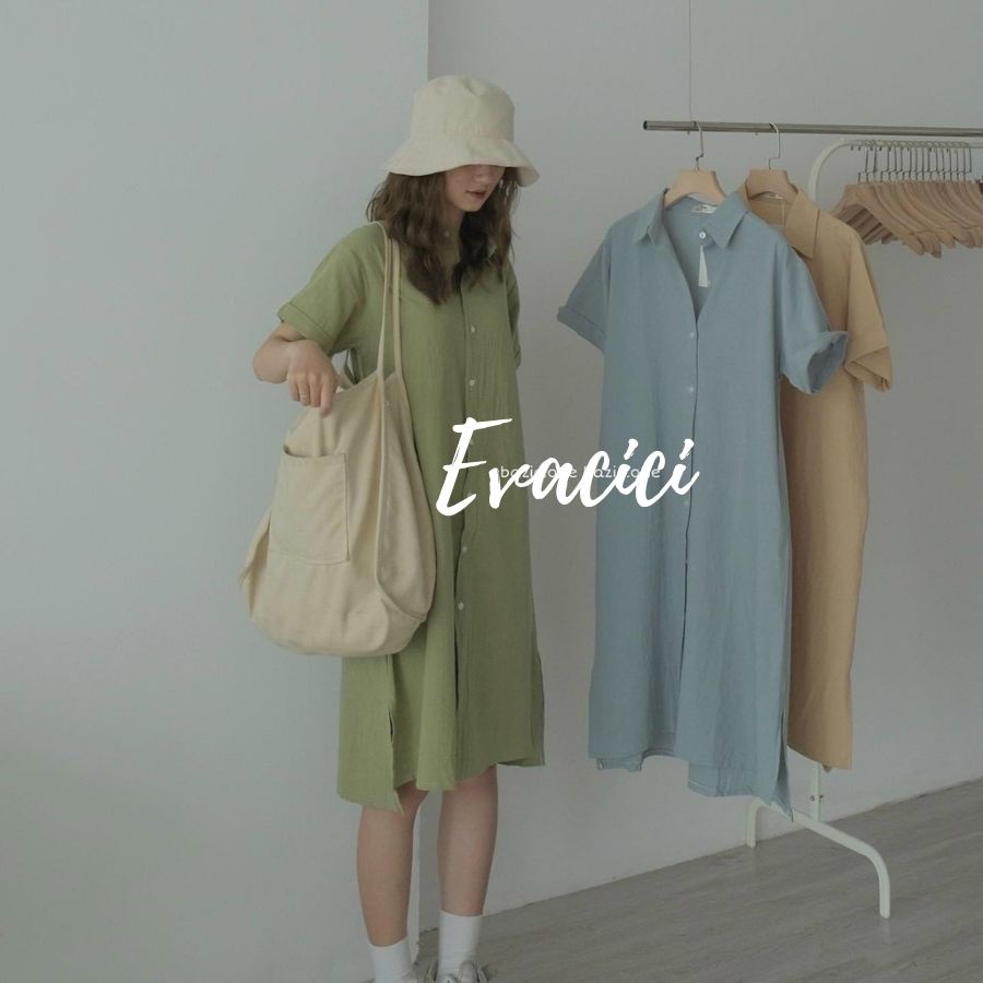 Váy sơ mi cộc tay vạt lệch hàn quốc, from rộng, dây thắt nơ eo