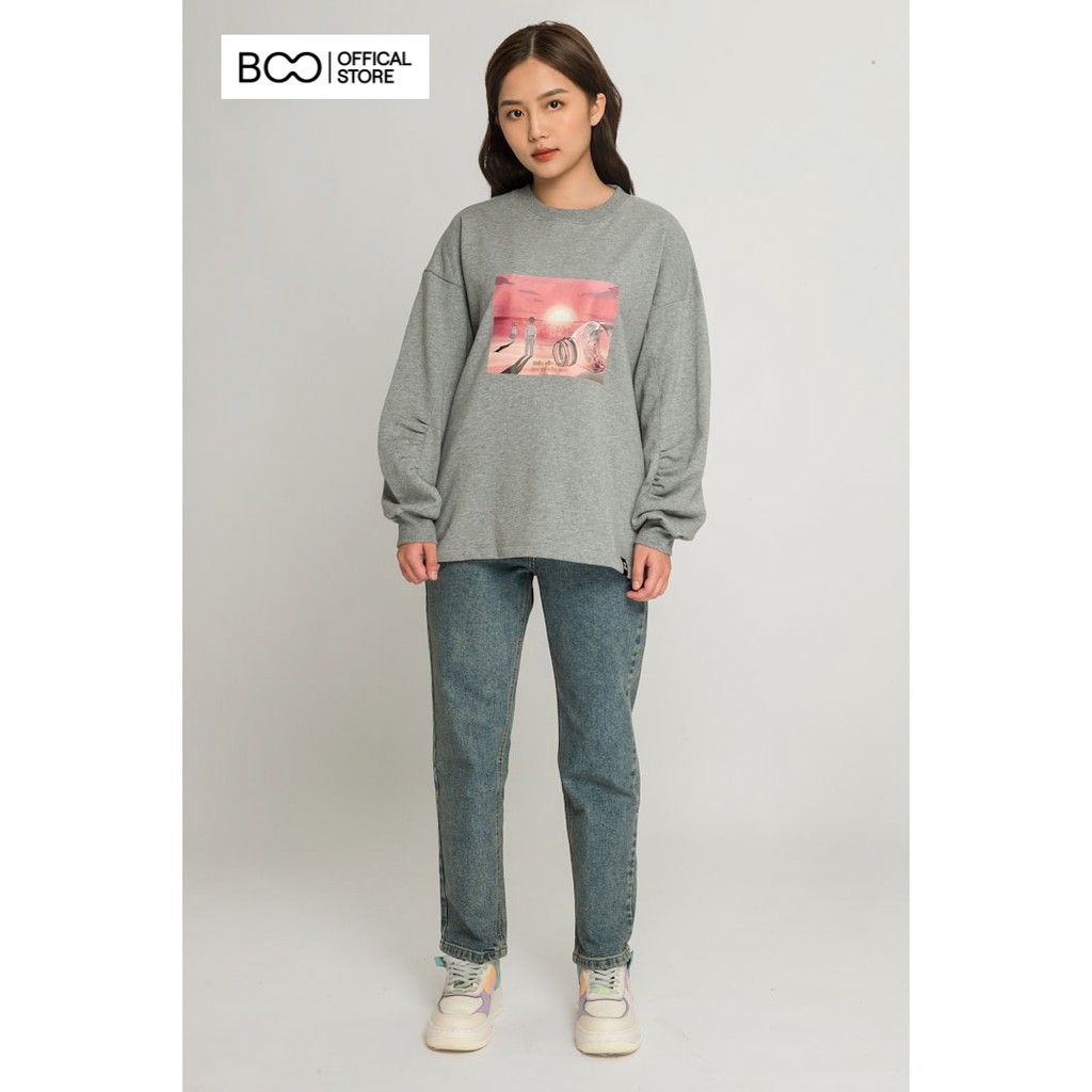 Áo Sweatshirt nỉ không mũ nữ BOO oversized Form Rộng tay phồng in hình Cá Tính