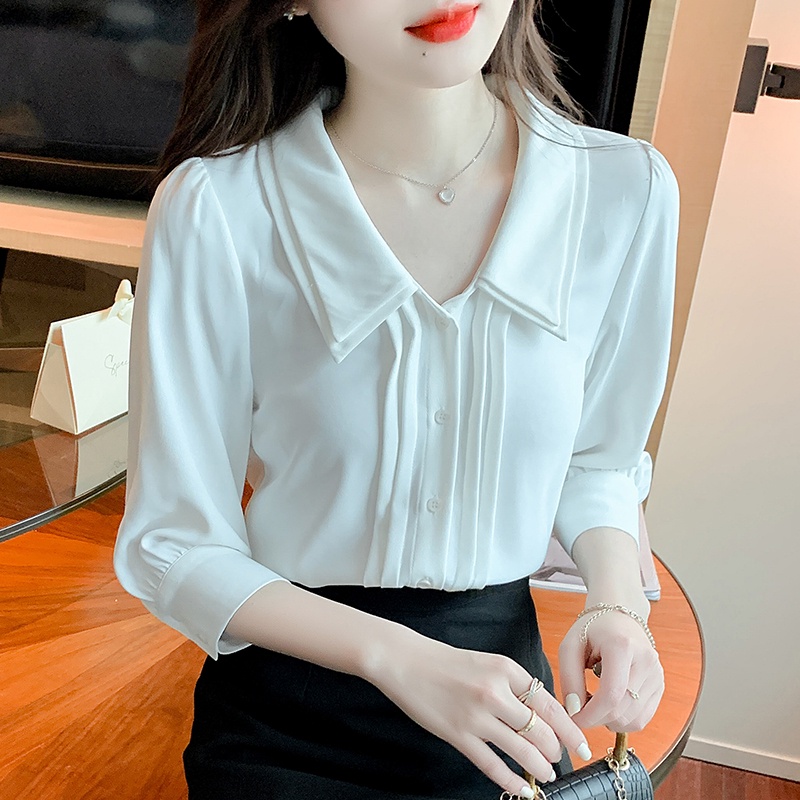 Áo Sơ Mi Chiffon Tay Lửng Cổ Búp Bê Xếp Ly Hai Lớp Màu Trắng Thời Trang Mùa Hè Dành Cho Nữ