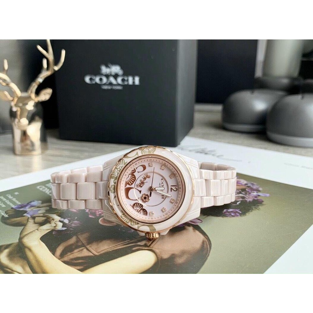 Đồng Hồ Nữ Coach Dây Đá Ceramic Hồng - Nền Hoa Văn Nổi - 32mm