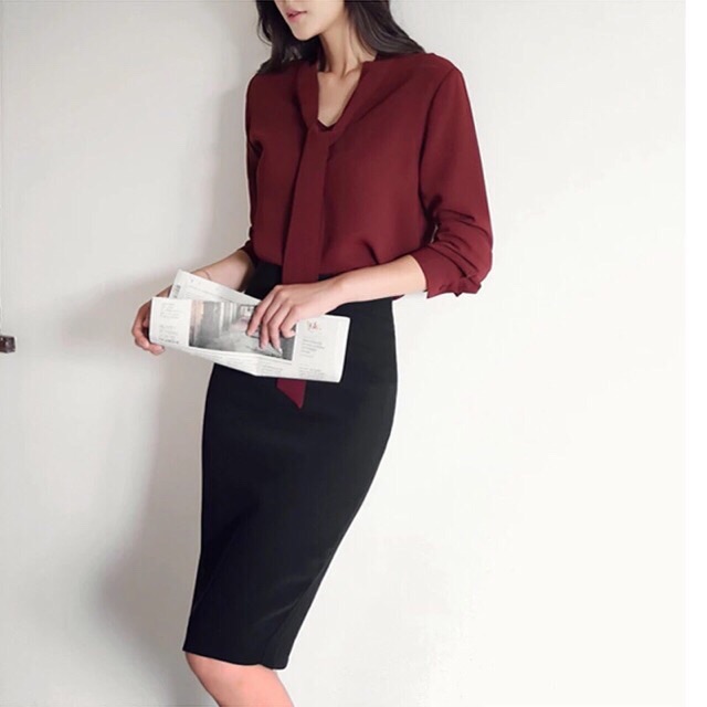 Sơmi nữ voan lụa có nơ ngực, 2 màu đỏ và trắng