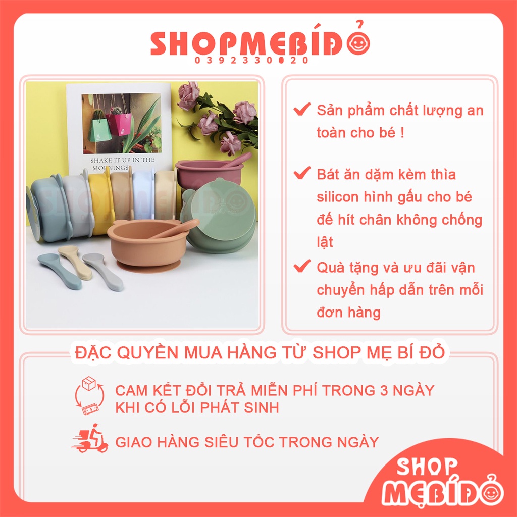 Bát Ăn Dặm Kèm Thìa Silicon Hình Gấu Cho Bé Đế Hít Chân Không Chống Lật Shop Mẹ Bí Đỏ AD64