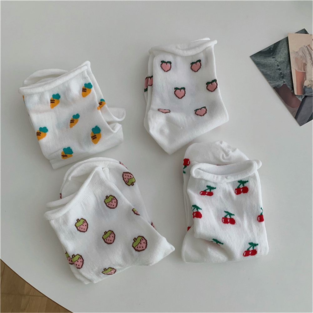 [sweet] woman Cartoon cute Summer Fruit cherry cotton breathable Loose Socks Girl white Socks