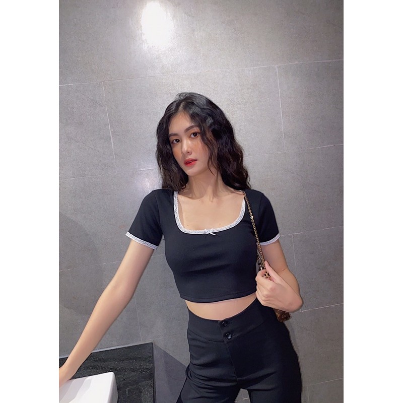Áo Cổ Vuông Viền Ren Nơ
