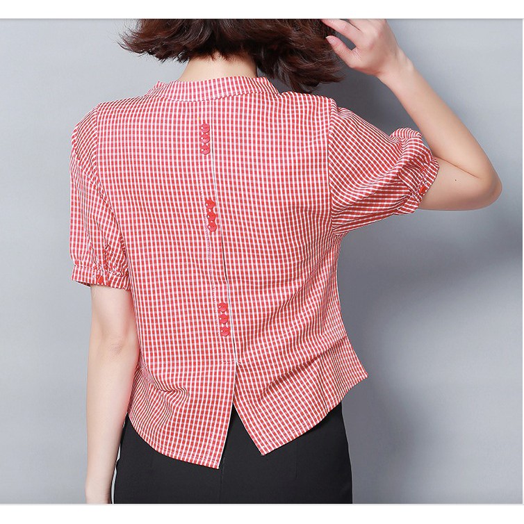 Áo Sơ Mi Nữ Kẻ Caro Đỏ, Áo Nữ Công Sở Ngắn Tay Cổ Tim, Dáng Đẹp Kiểu Hàn Quốc, Min Cloth | BigBuy360 - bigbuy360.vn
