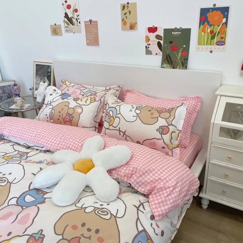 BỘ CHĂN GA GỐI COTTON POLYNHẬP KHẨU 100% ( CHĂN ĐÃ TRẦN BÔNG) HỌA TIẾT MÈO LUCKY - ĐỦ KÍCH THƯỚC