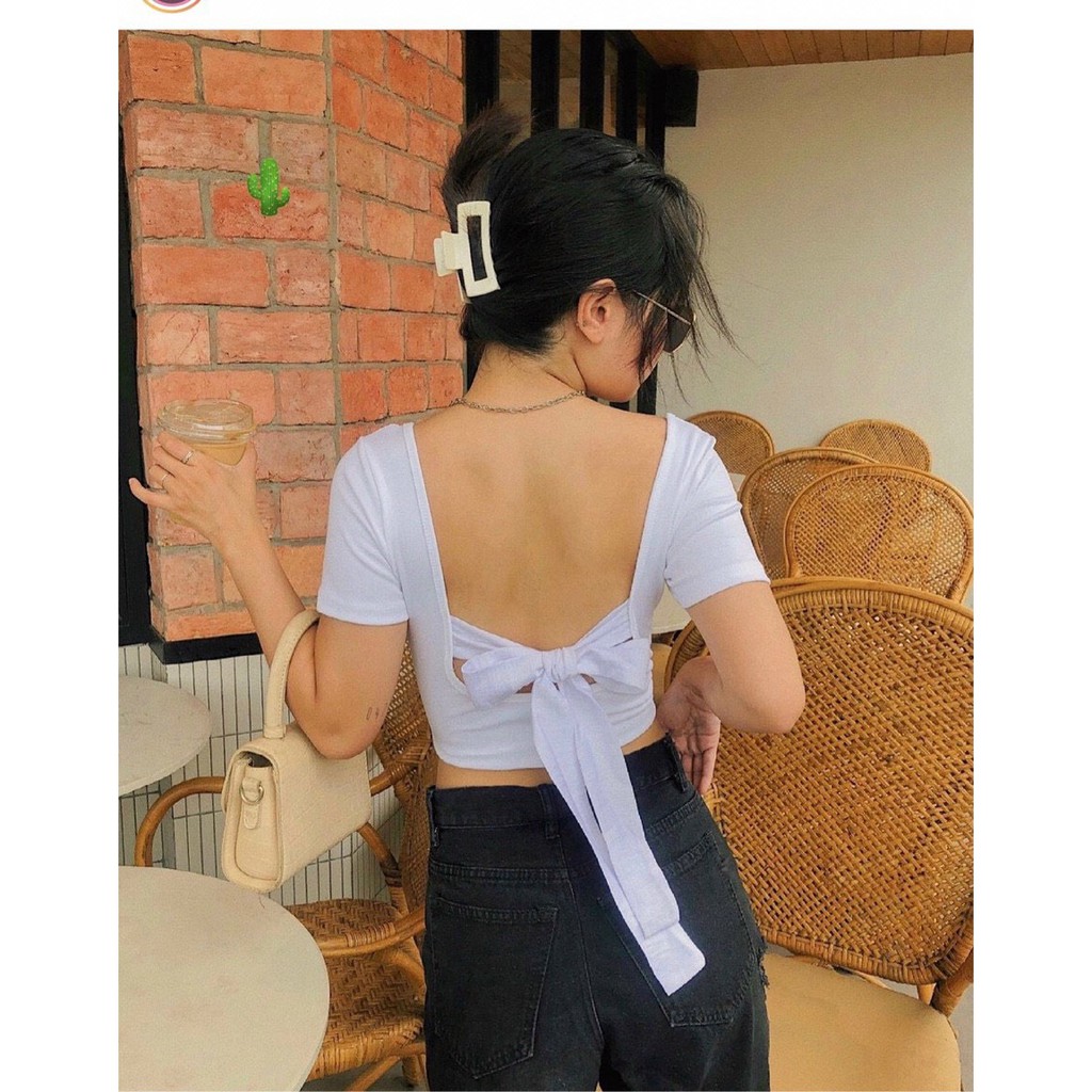 ÁO CROPTOP KIỂU THUN GÂN PHỐI KIỂU CỘT NƠ SAU LƯNG | BigBuy360 - bigbuy360.vn