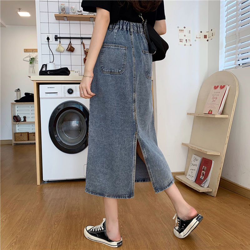 Chân váy denim lưng cao xẻ tà phong cách Retro Hàn Quốc