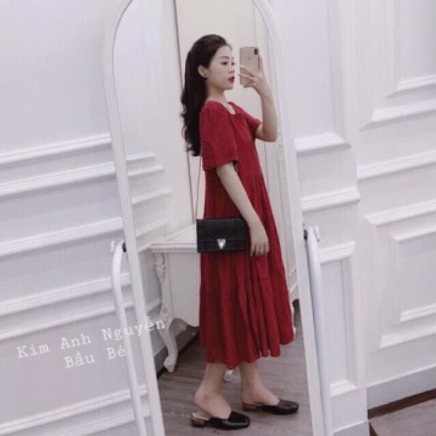 Váy Bầu xinh dáng công sở chất lụa màu đỏ(kèm video)Đầm bầu thời trang dáng dài  ྇