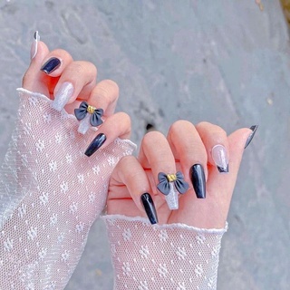 Nailbox móng úp đen phối mắt mèo kèm nơ trendy