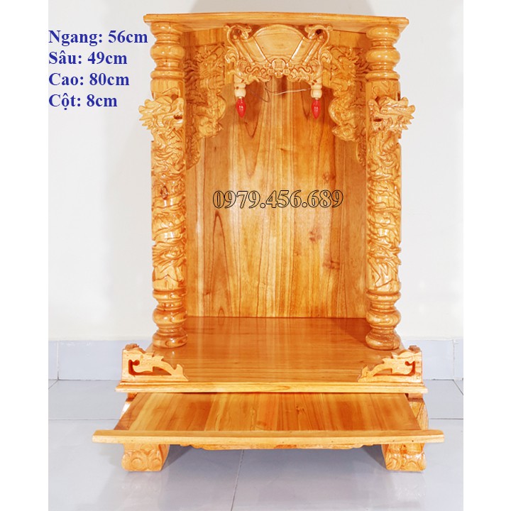 Bàn thờ thần tài ông địa gỗ xoan ngang 56cm quỳ trụ cột 8cm màu vàng nhạt