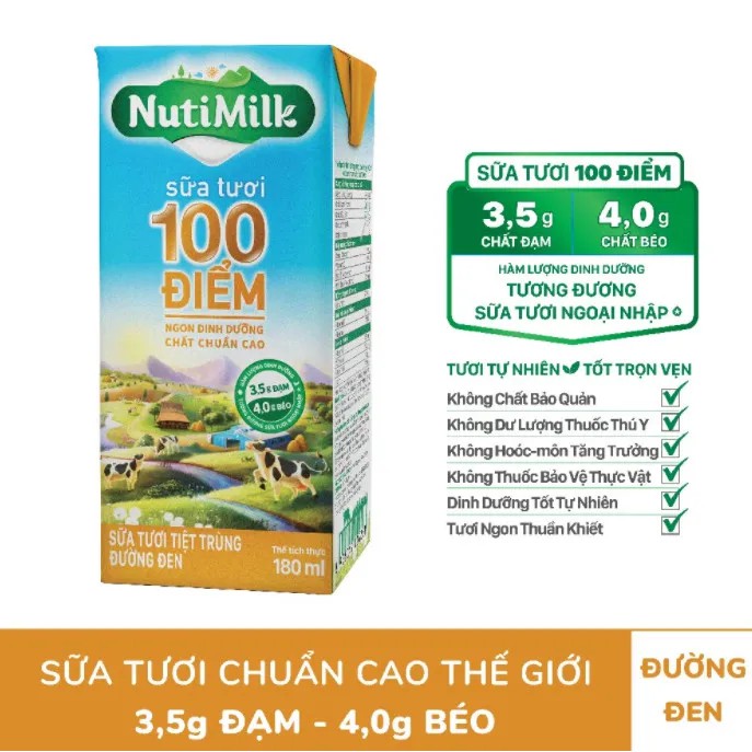 Lốc 4 hộp Nutifood NutiMilk Sữa Tươi 100 điểm - Sữa Tươi tiệt trùng Đường đen Hộp 180 ml